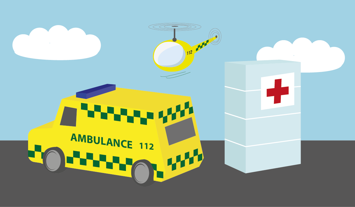 Illustration af en ambulance, ambulancehelikopter og hospital