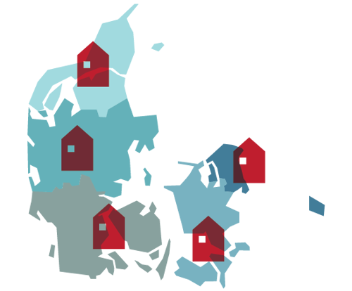 Danmarkskort med visualisering af de 5 centre i Danmark i de forskellige regioner
