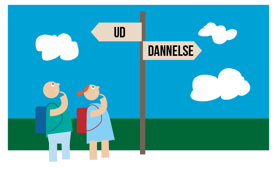 Illustration af to personer, der kigger på skilt, hvor der i den ene retning står "Ud" og der i den anden retning står "Dannelse"