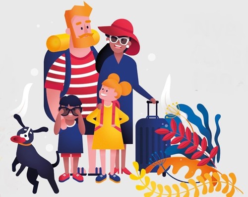 Illustration af familie der skal på ferie med deres børn, hund og pakkede kufferter
