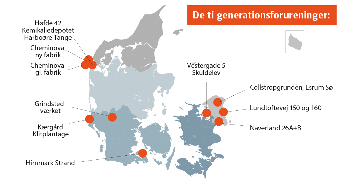 Illustration af Danmarkskort der viser den geografiske placering af de ti generationsforureninger