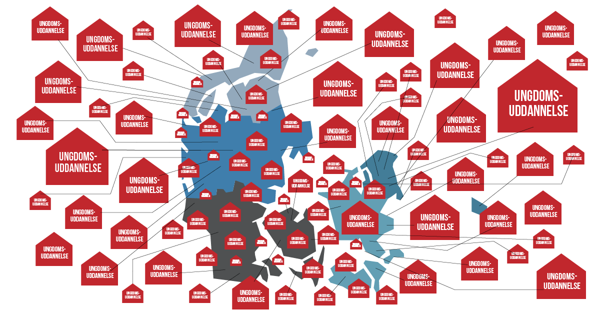 Kort over Danmark med steder der har ungdomsuddannelser