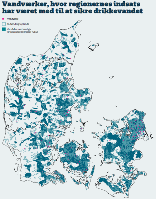 Plakat med vandværker på Danmarkskort, hvor regionernes indsats har været med til at sikre drikkevandet