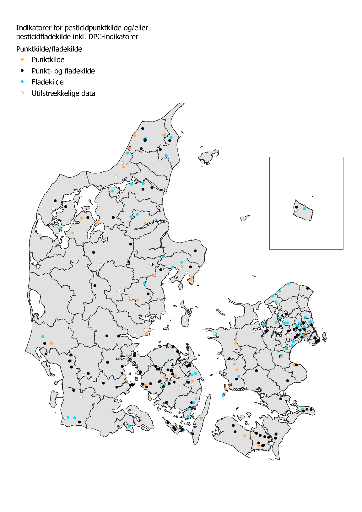 Landkort der viser i hvilke vandforsyningsboringer, der er fundet pesticider i seneste analyse.