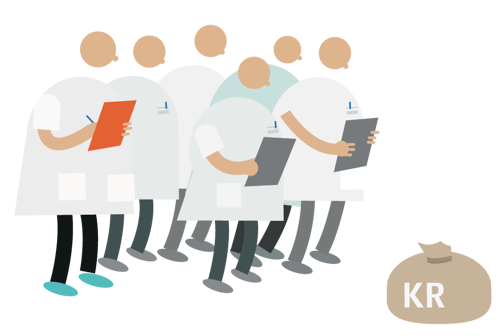 Illustration af læger der står og tager noter ifm. de ser på en pose penge