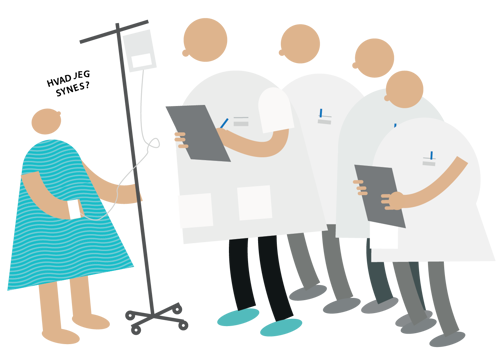 Illustration af læger som tager note, hvor de spørger hvad patienten mener