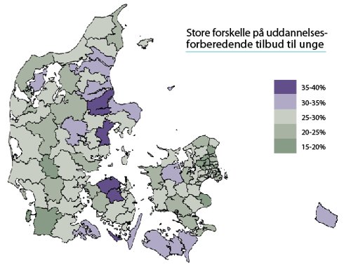 Danmarkskort der viser andelen af uddannelsesforbedrende tilbud til unge i Danmarks kommuner