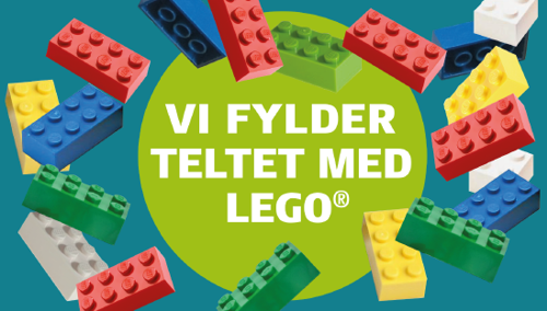 Banner med legobrikker og teksten "Vi fylder teltet med lego"