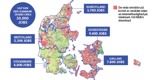 Områder i Danmark med internethastigheder der er under 100/100 Mbit/s download